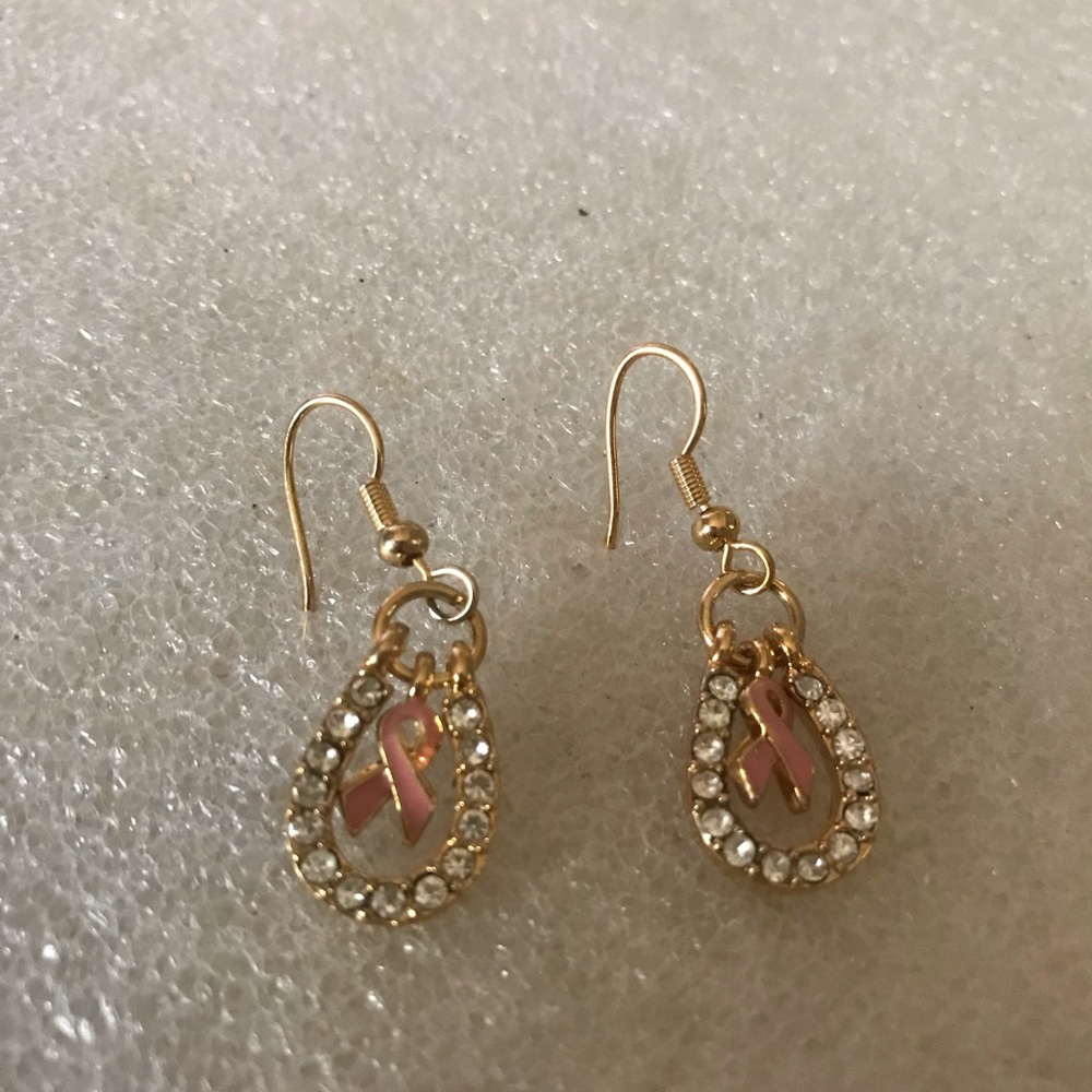 Gold-Tone Pink Ribbon Drop Earrings with Crystals